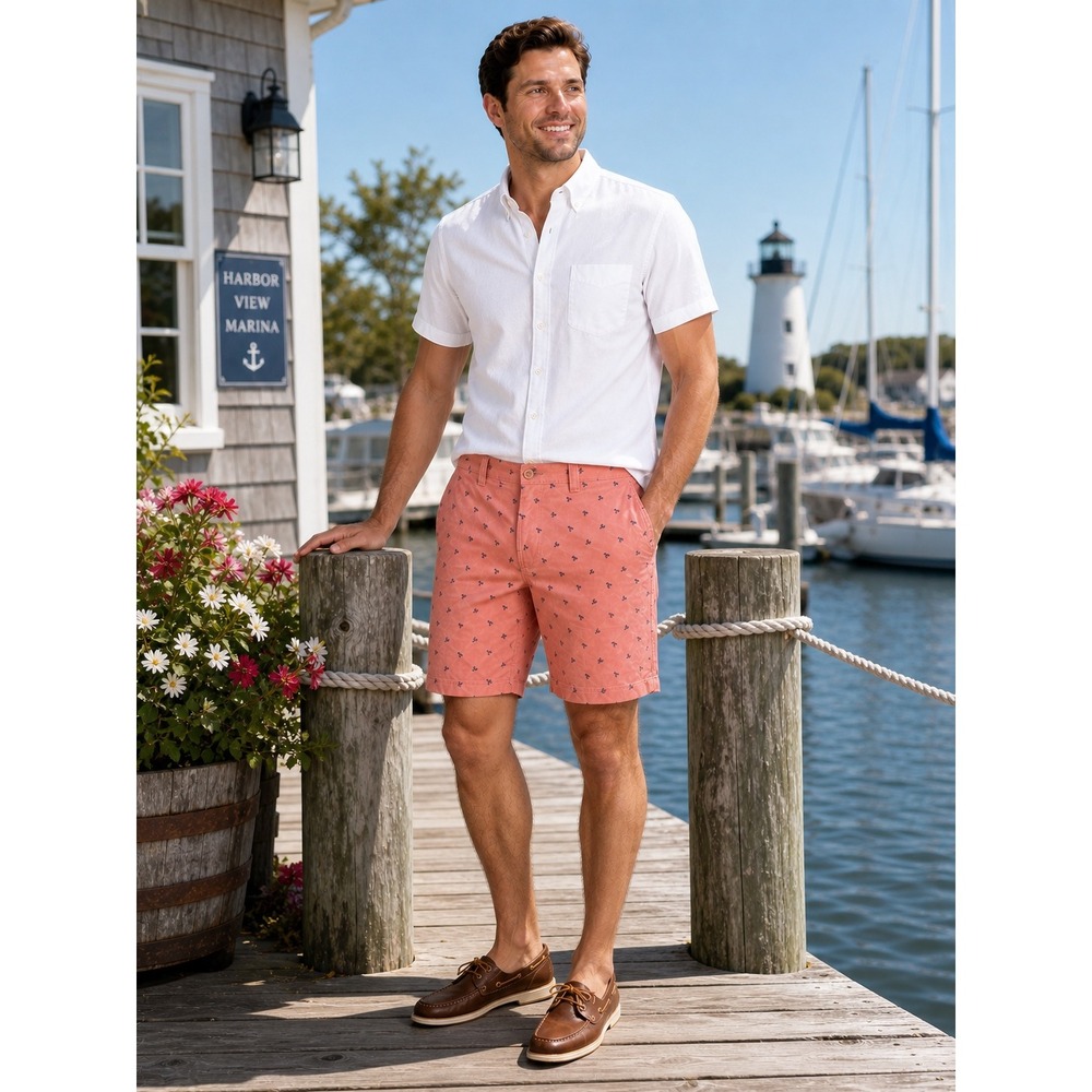 ST JOHNS BAY Shorts Mens 40 Salmon Pink Lobster Print Comfort Stretch Casual‎
